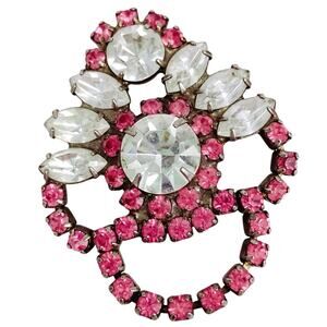 Vintage 50s Prong Set Pink Rhinestone Loop Brooch Clear Navettes Hollywood Glam